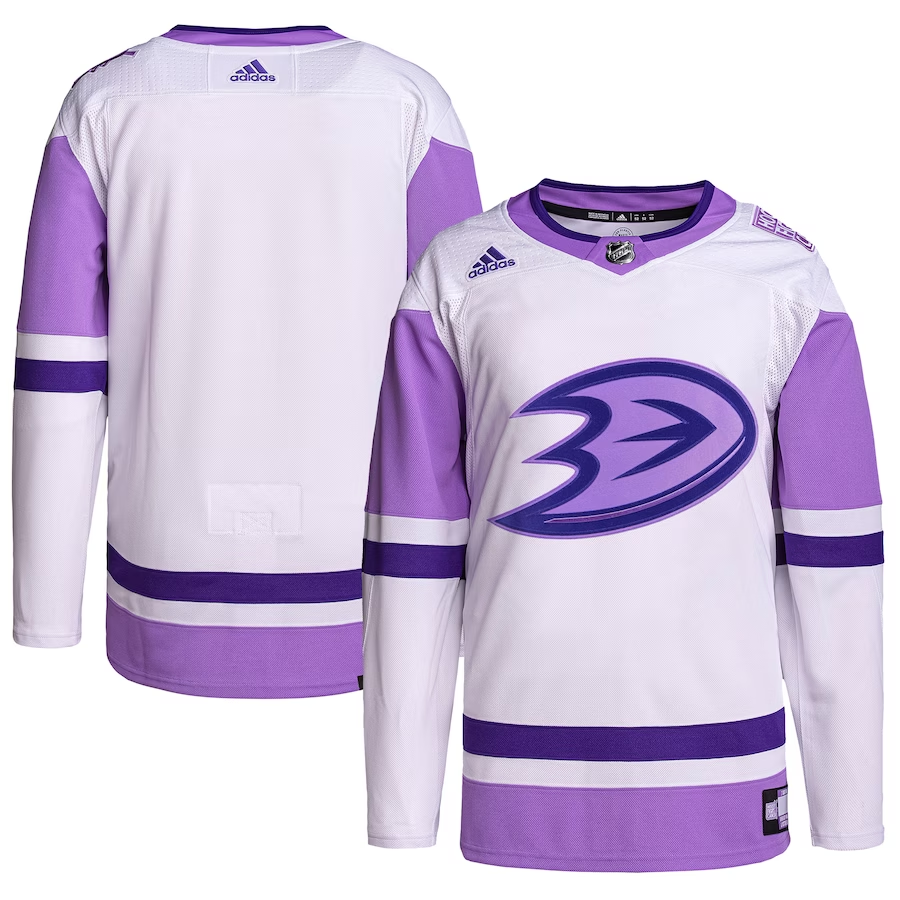 Men's Anaheim Ducks White/Purple Hockey Fights Cancer Primegreen Authentic Blank Practice Jersey Men's Anaheim Ducks White/Purple Hockey Fights Cancer Primegreen Authentic Blank Practice Jersey